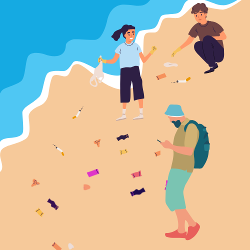 graphic of students cleaning up trash and cigarette butts on a beach